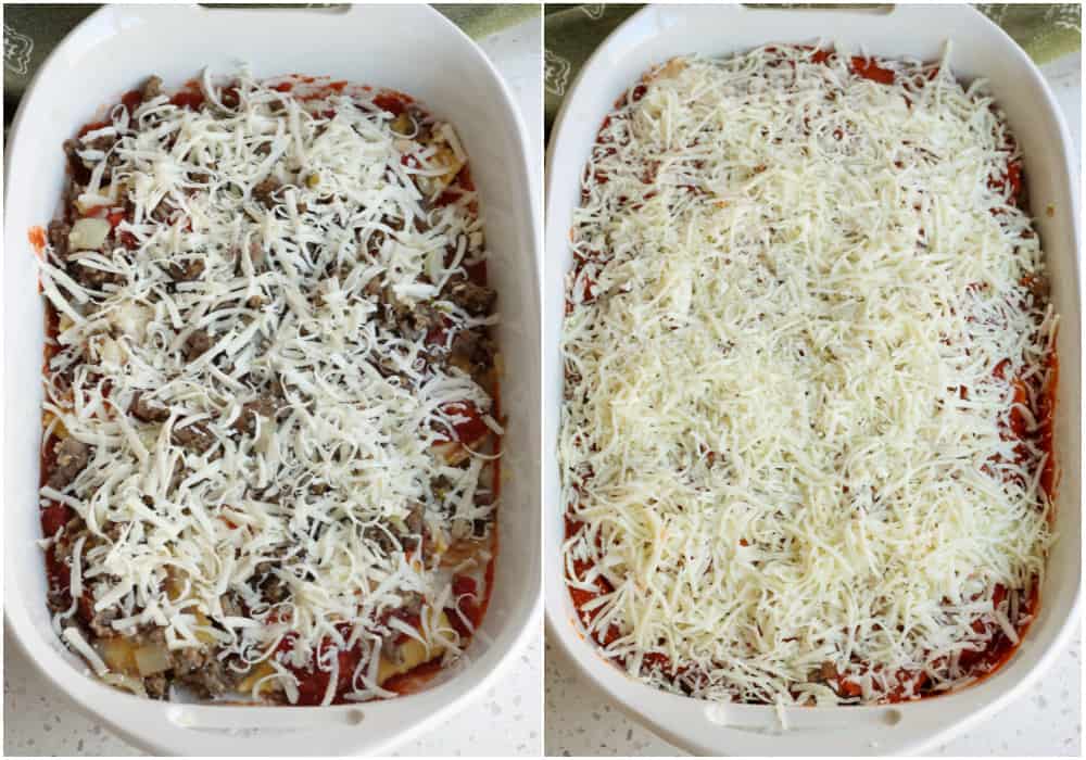 Repeat the layers ending with mozzarella and Parmesan Cheese.