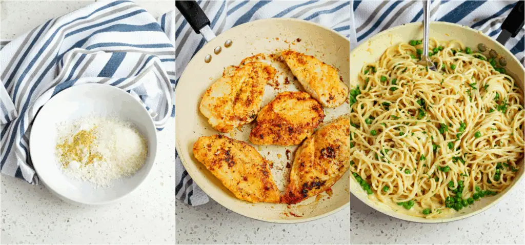 Some of the steps to making Lemon Chicken Pasta. Whisk the flour, Parmesan cheese, and lemon pepper in a shallow bowl.
Dredge the chicken through it and fry it up in a little olive oil over medium heat. Reduce the heat as low as it will go and stir in the remaining Parmesan cheese a little at a time until melted. Stir in the butter and parsley. Season with salt and pepper to taste.