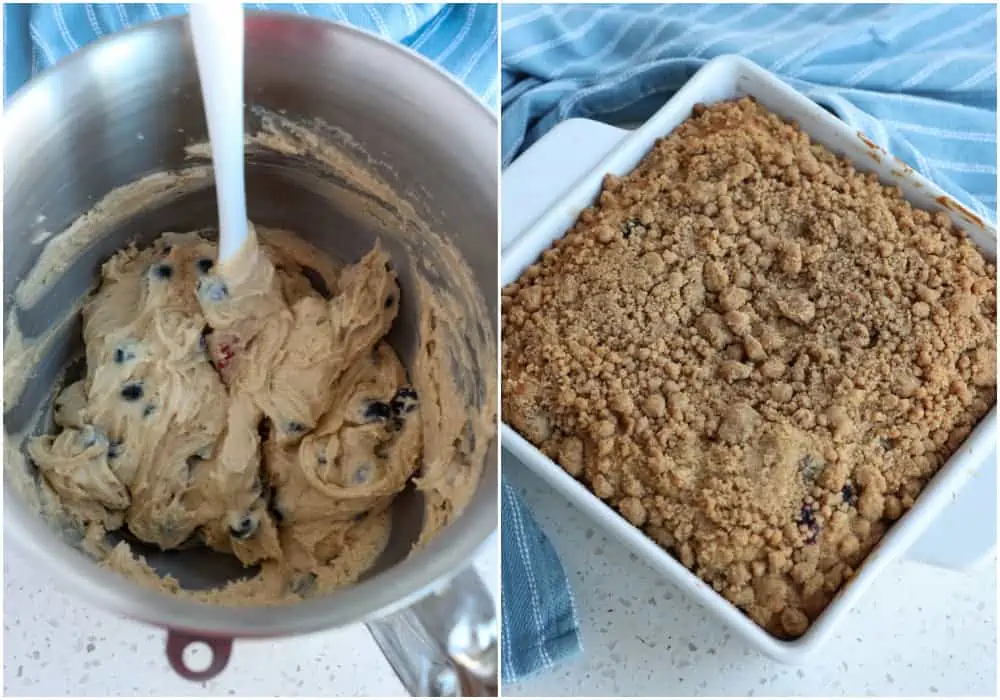 Fold in the blueberries and spoon it into the baking pan.  Then top with the streusel topping.  