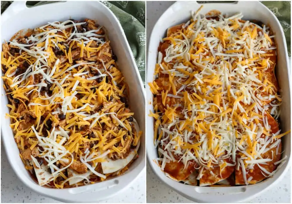 Layer the casserole and top with enchilada sauce and cheese. 
