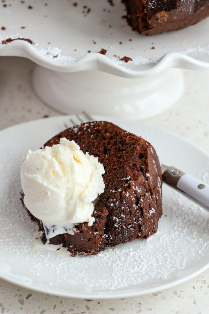 Enjoy this chocolate pound cake taste treat with just a simple powdered sugar dusting and a scoop of vanilla ice cream, fresh berries, or chocolate ganache.