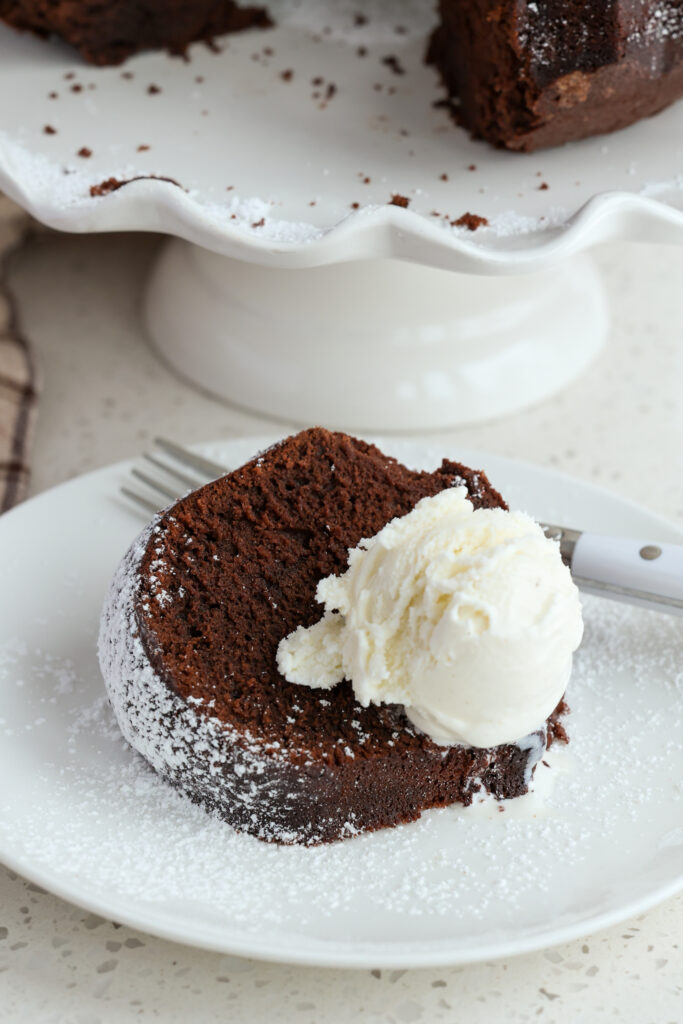 A piece of Chocolate Pound Cake with vanilla ice cream. 