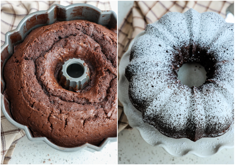 Let the cake fully cool before dusting with powdered sugar. 