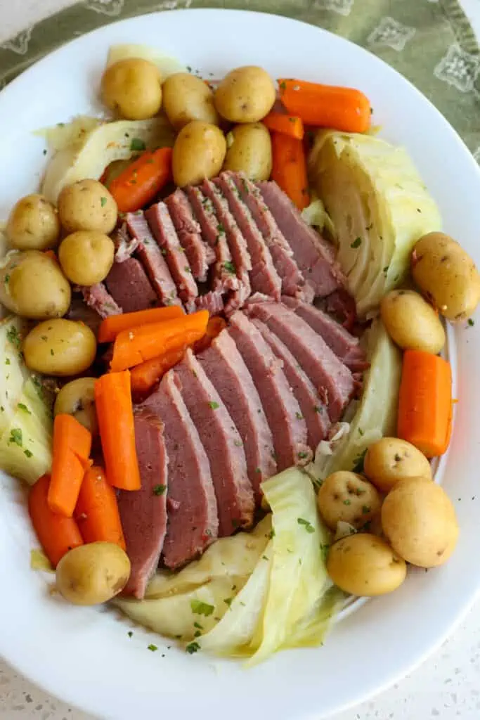 A St. Patrick's holiday meal with corned beef, cabbage, carrots, and potatoes. 