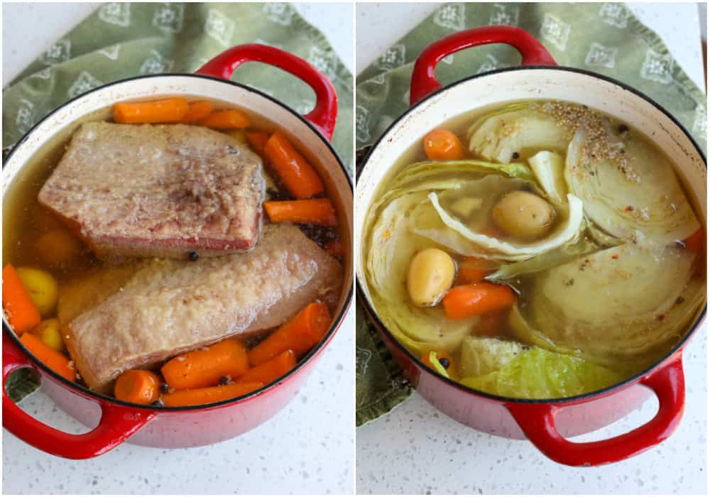 Simmer the corned beef, carrots, potatoes and cabbage until tender. 