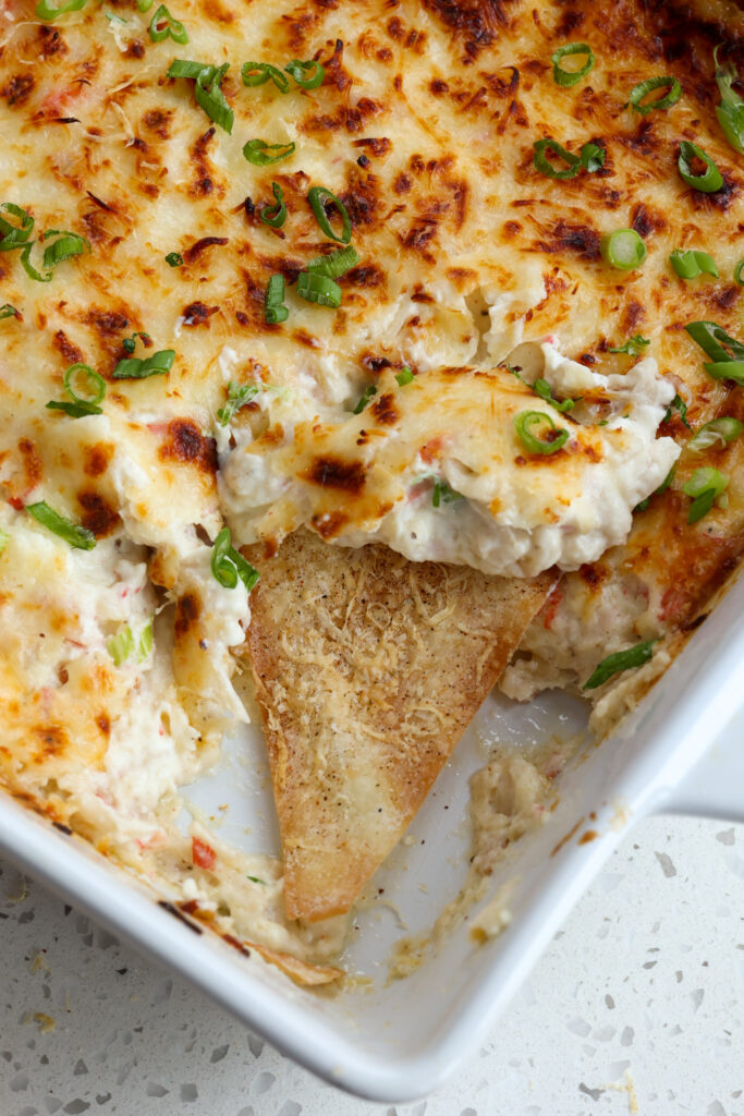 Dip made with crab meat, mozzarella cheese, cream cheese, and mayonnaise. 
