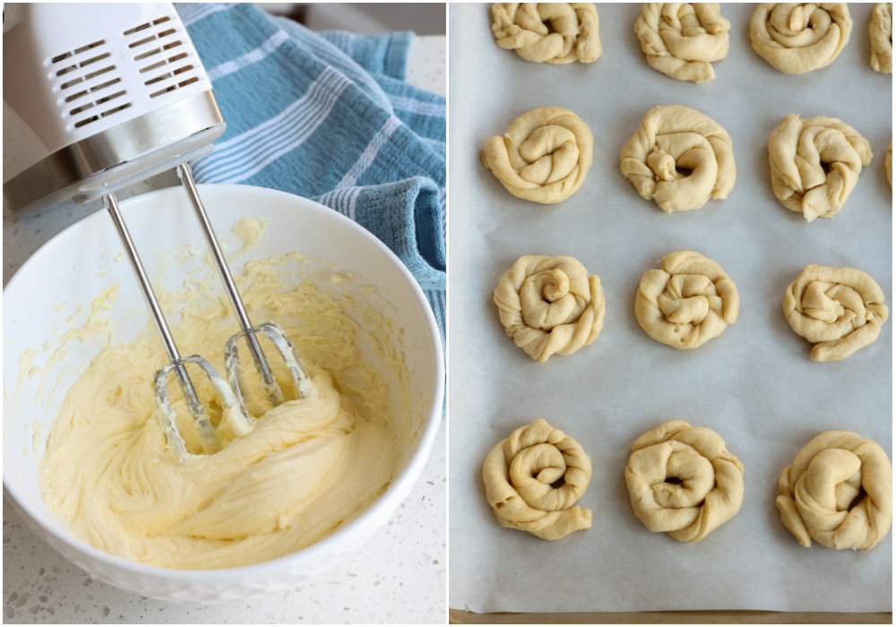 Start by blending the cream cheese mixture and preparing the dough. 