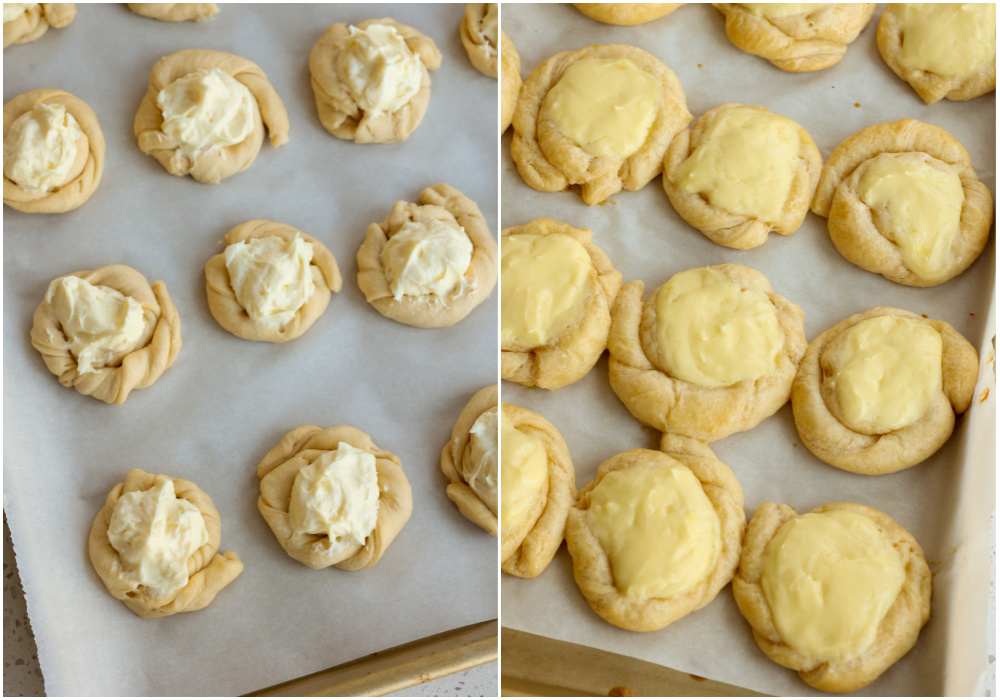 Top the dough with the cream cheese mixture and bake. 