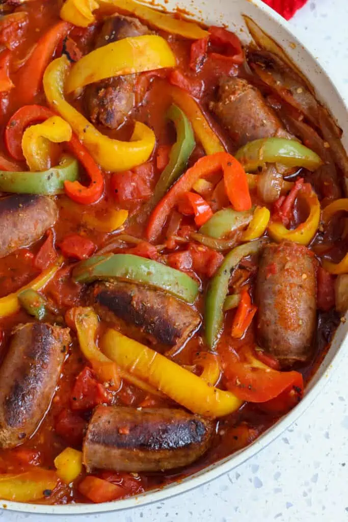 Sausage, peppers, and onions with diced tomatoes and tomato sauce. 