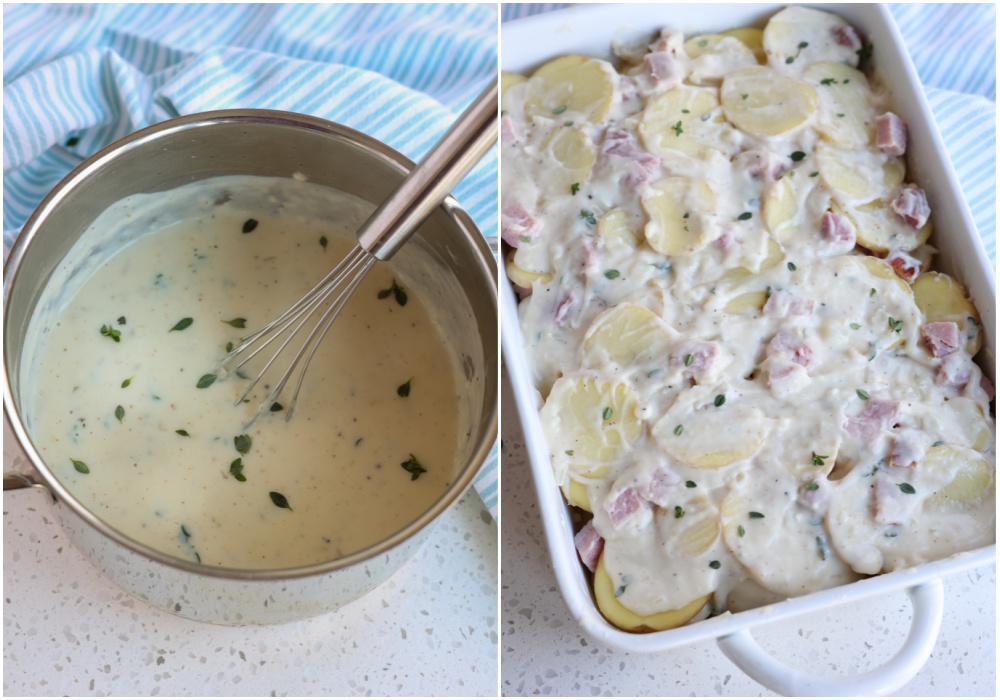 How to make the sauce and layer the casserole for Scalloped Potatoes with ham. 
