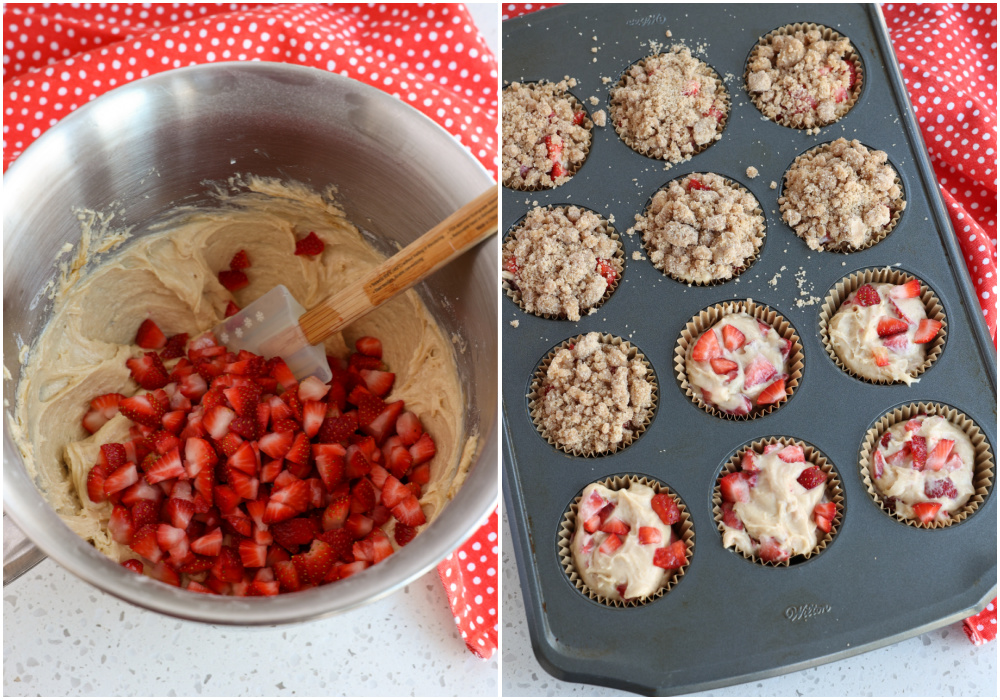 Fold the strawberries into the batter and divide evenly in the muffin tin. 