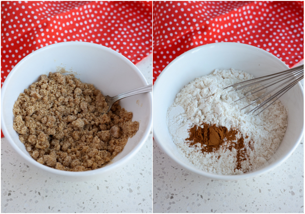 First make the crumb topping  and then mix the dry ingredients for the muffin batter. 
