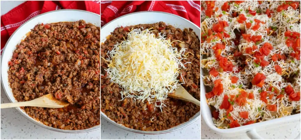 Prepare the seasoned ground beef mixture, cool for a bit, and stuff in the cooked pasta shells. 