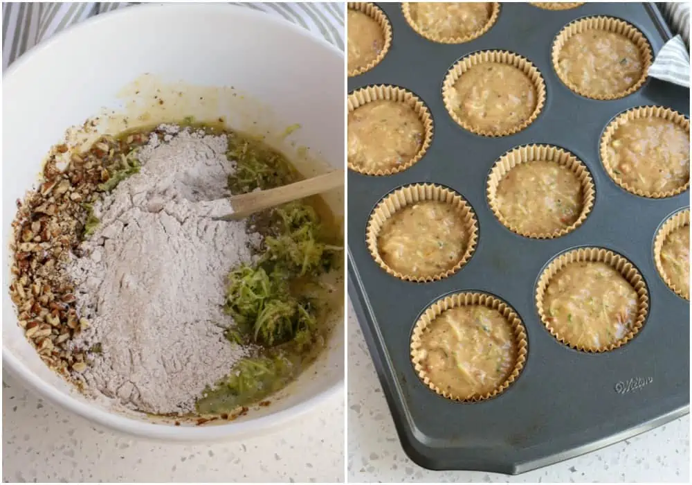 Add the dry ingredients to the wet ingredients.  Divide the batter evenly between the baking cups. 