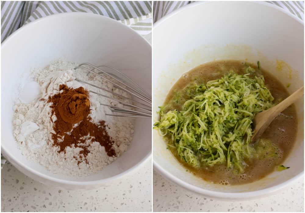 Mix the dry goods in a bowl and the wet ingredients with the sugar in another bowl. 