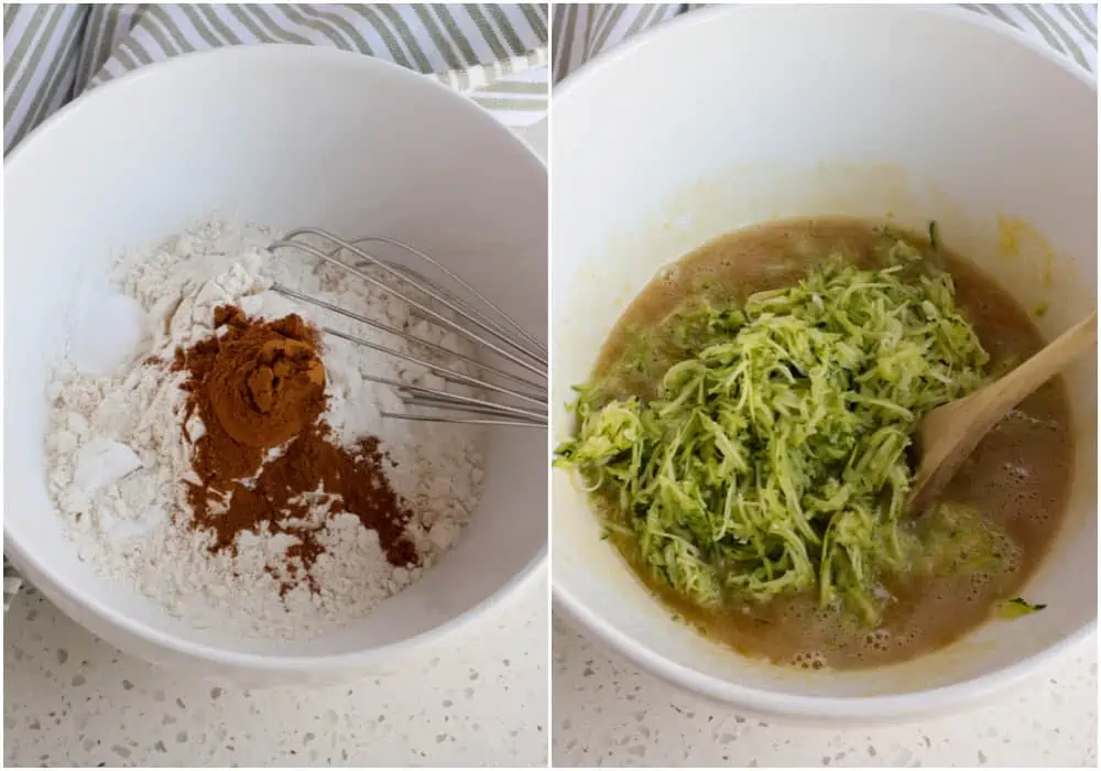 Mix the dry goods in a bowl and the wet ingredients with the sugar in another bowl. 