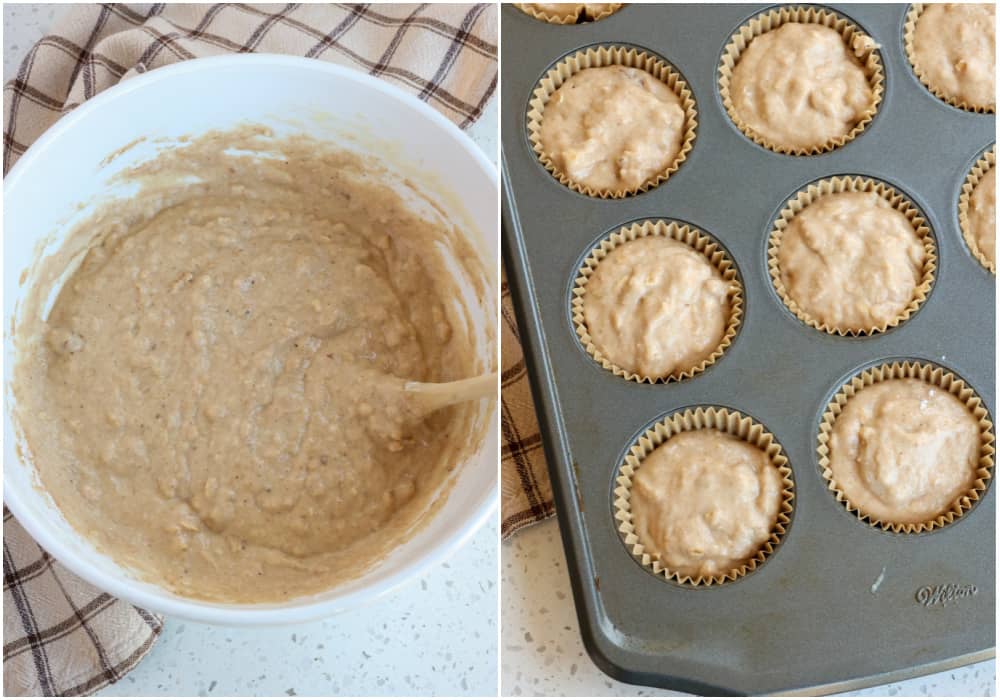 Add the dry ingredients to the wet ingredient and stir just until combined.  Spoon into the muffin cups. 