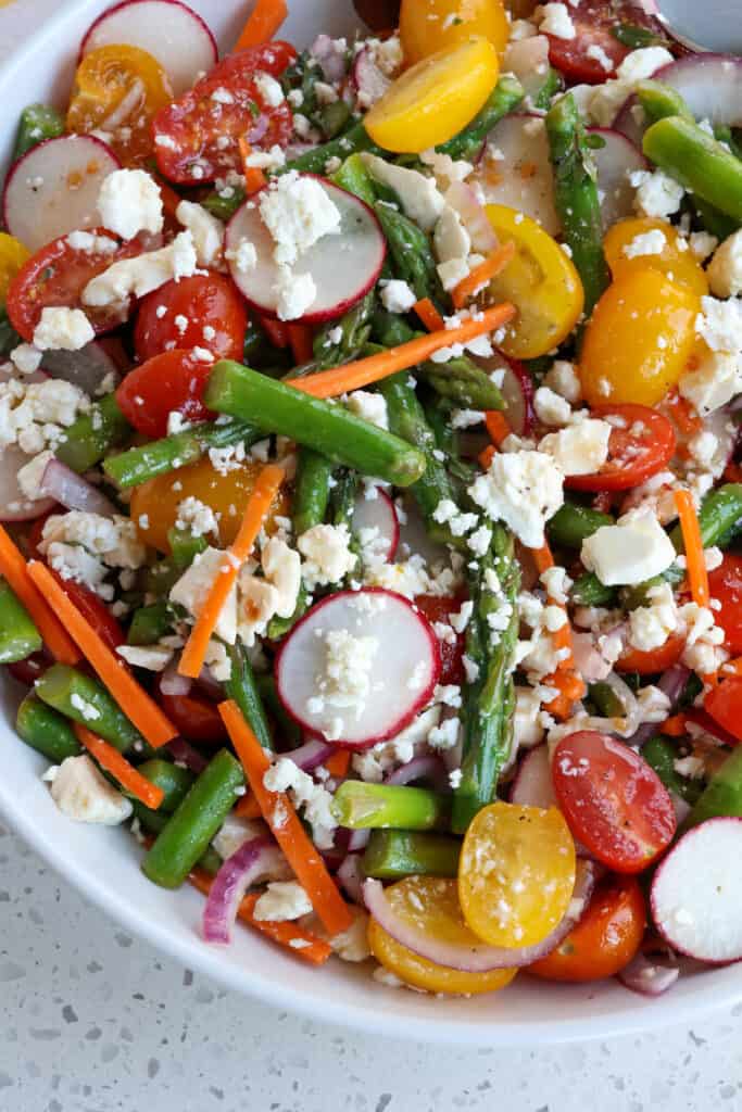 Asparagus Salad with tomatoes, carrots, radishes, and red onion. 