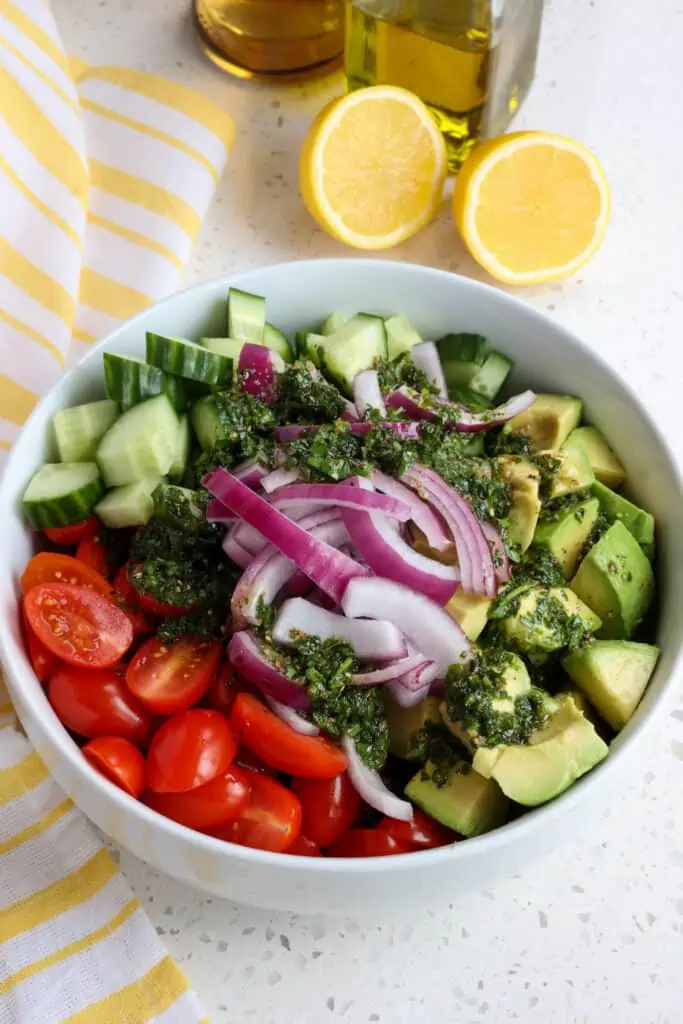 Put all the ingredients in a bowl and drizzle the dressing over the top.