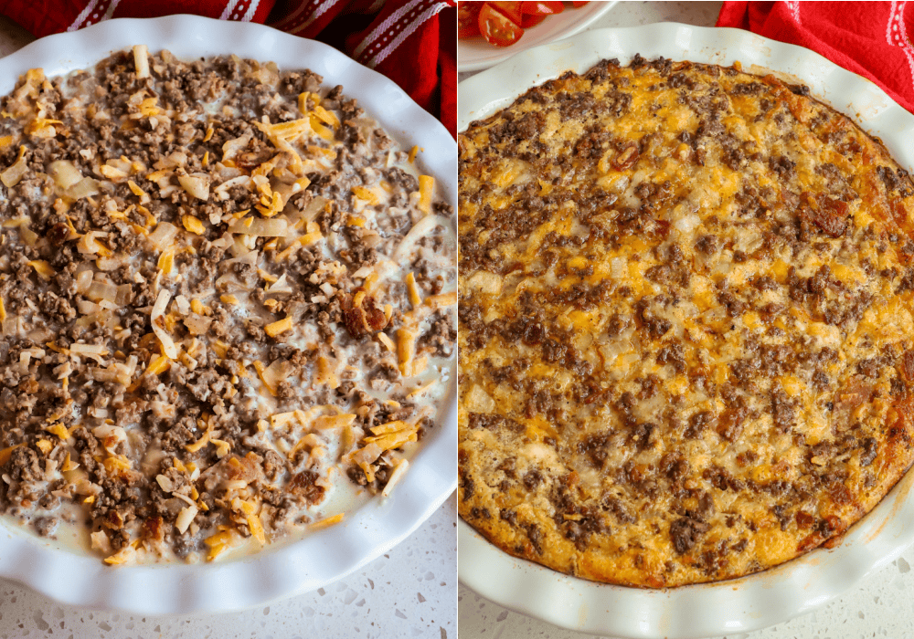 Once cooled, stir in the cheese and spoon the mixture into a deep dish 9-inch pie plate sprayed with nonstick baking spray.
