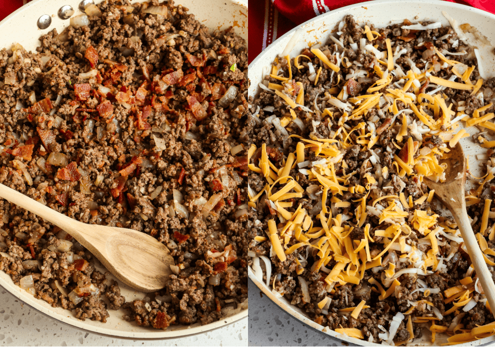 Brown the ground beef and bacon in a large skillet over medium heat until halfway browned. Toss in the chopped onion, and cook the beef and bacon until browned and the onion is soft. Reduce the heat to low and add the garlic, cooking for a minute while stirring. Drain any excess grease and remove from the heat. Stir in the seasoned salt, black pepper, and ketchup. Let it cool for a few minutes.