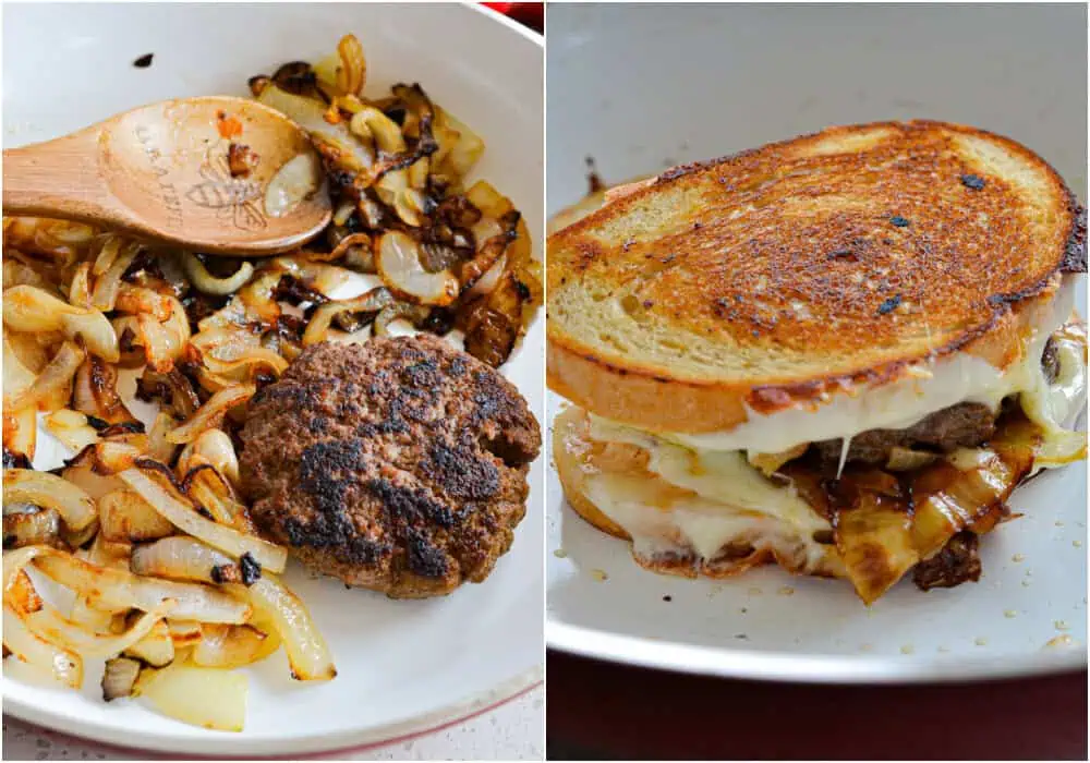 Some of the steps to making a paty melt. Caramelize the onions and cook the patties. Assembled the patty melts and brown on both sides. 