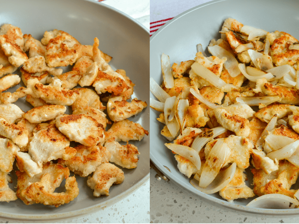 Some of the steps to making Mongolian chicken. In a large skillet over medium heat, add vegetable oil. Add the chicken in a single layer. Cook until golden brown. Plate the chicken. Heat a little more oil in the pan, and toss in the onion.