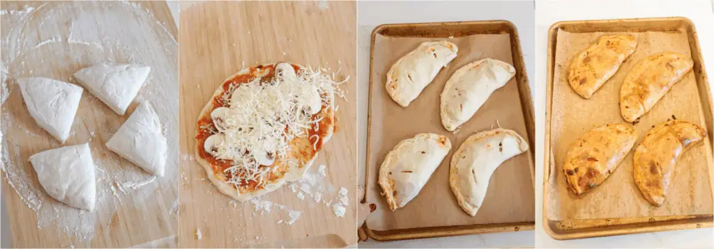 Some of the steps to making calzone. Cut the dough into four equal portions, then roll or pat each into a circle. Spoon a little marinara in the middle and spread it out, leaving at least a 1/2 inch of the edge free of sauce. Layer your meats, cheeses, and vegetables. Fold the dough over to create a half-circle. Use your fingers to roll the edges together. Cut two or three slits on the top. Brush with egg wash and bake.