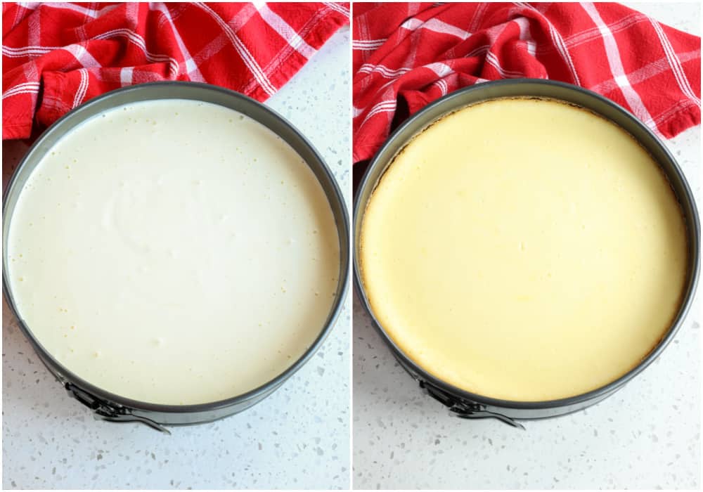 Pour the batter into the springform pan and bake. 