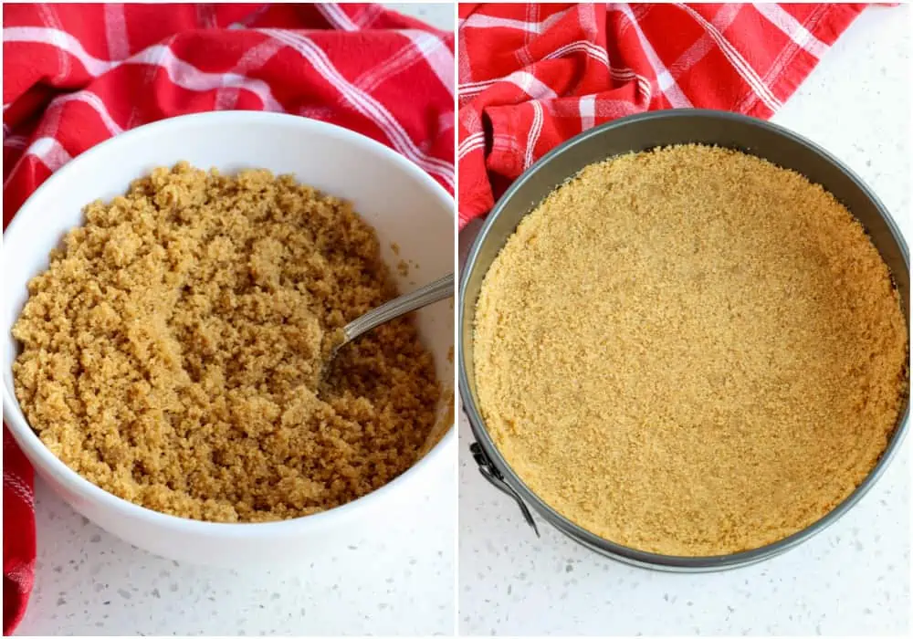 Mix the ingredients for the graham cracker crust and press into the bottom and up the sides of a springform pan. 
