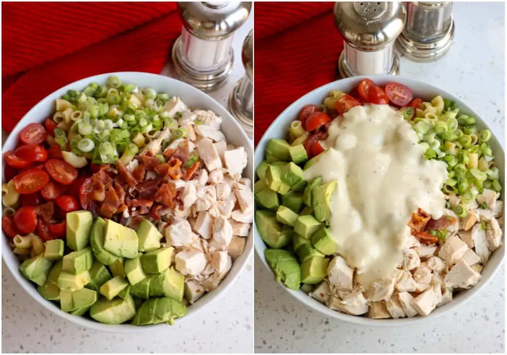 Combine all the ingredients for the chicken pasta salad in a large bowl and stir gently to combine. 