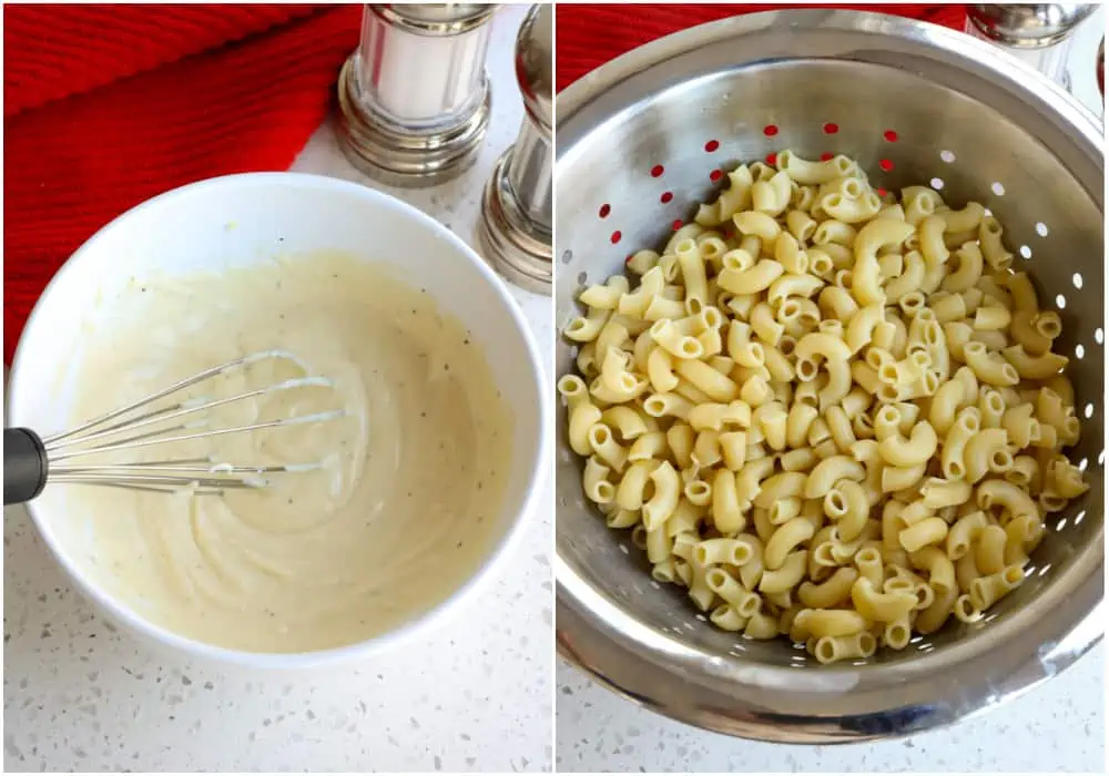 Start by making the mayonnaise based dressing and cooking the elbow macaroni. 