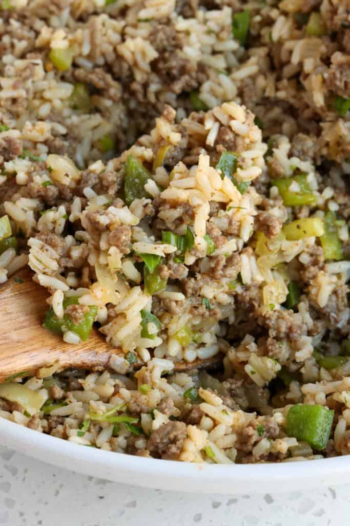 Dirty rice with ground beef, ground sausage, and 