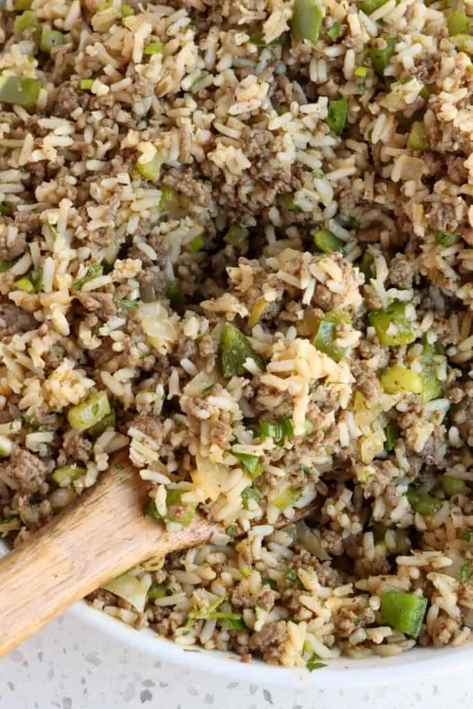 A bowl full of New Orleans Cajun style dirty rice. 