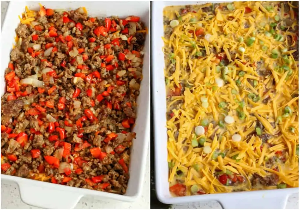 Spoon the cooked sausage, onions, and peppers over the cheese.  Then pour the egg mixture over the top. 
