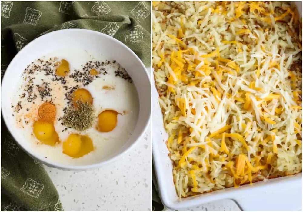 Mix the eggs, milk, marjoram, thyme, seasoned salt, and pepper.  Sprinkle half the cheese over the hash browns. 