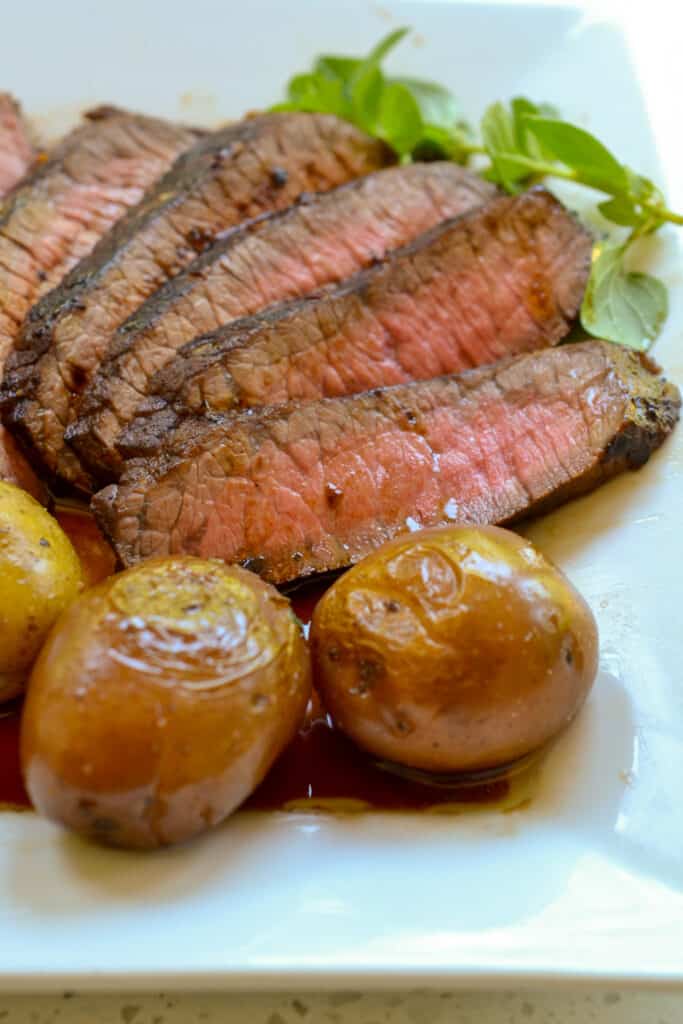 Easy Pan Seared London Broil with baby gold potatoes. 