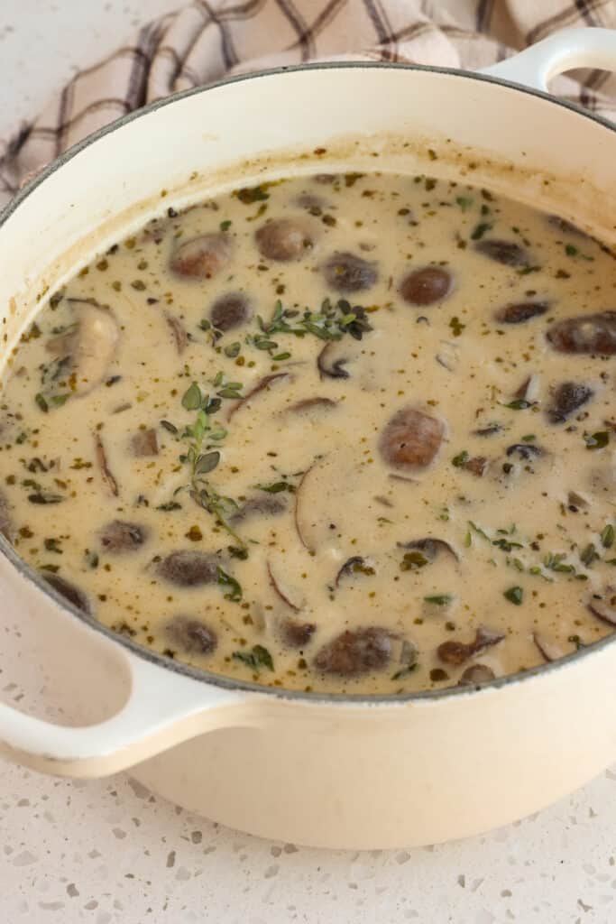 A Dutch oven full of creamy mushroom soup. 