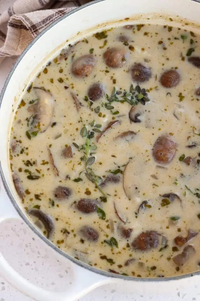 Creamy of mushroom soup with fresh thyme. 