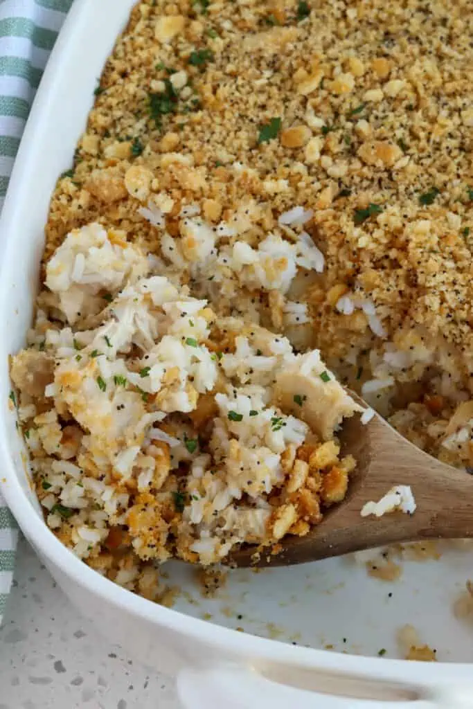 A spoonful of Poppy Seed Chicken Casserole. 