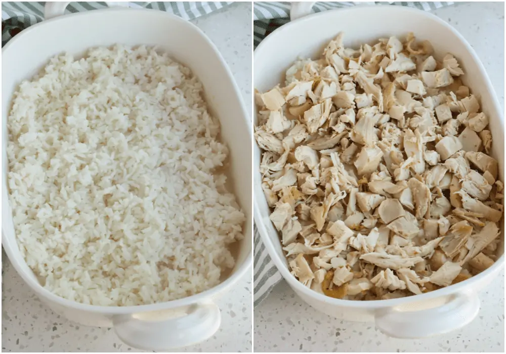 Layer rice in the bottom of a greased casserole, homemade chicken soup, and cubed chicken. 