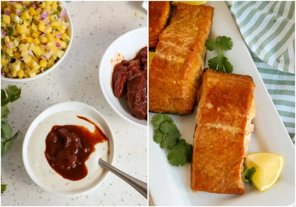 Start by making the mango salsa and the chipotle ranch. 