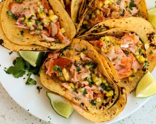 Easy Salmon Tacos With Mango Salsa Small Town Woman Salmon Tacos Recipe Card 500x400
