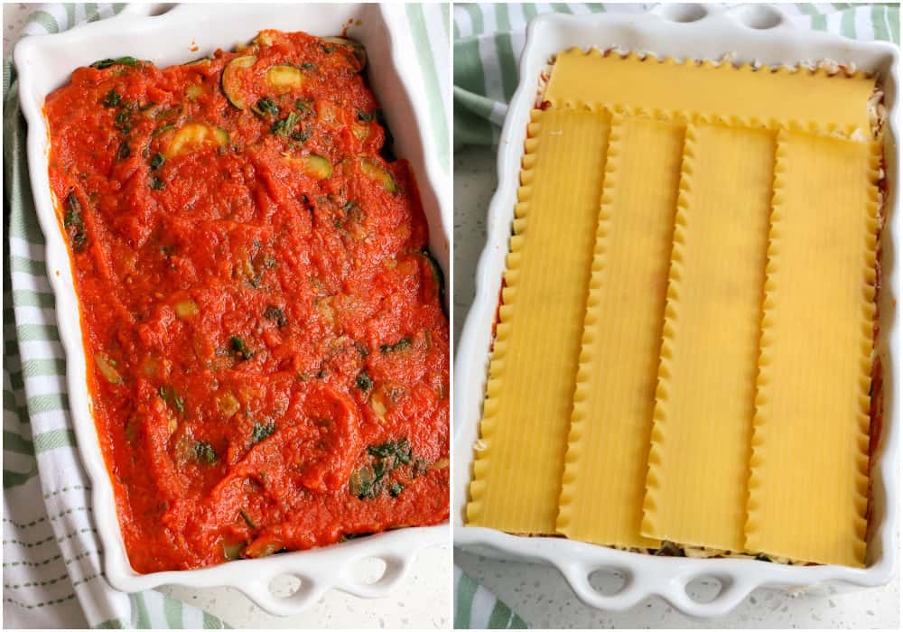Then layer the lasagna with marinara sauce and more noodles.  