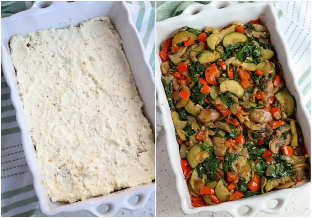 Layer the lasagna with ricotta cheese and sautéed veggies.  