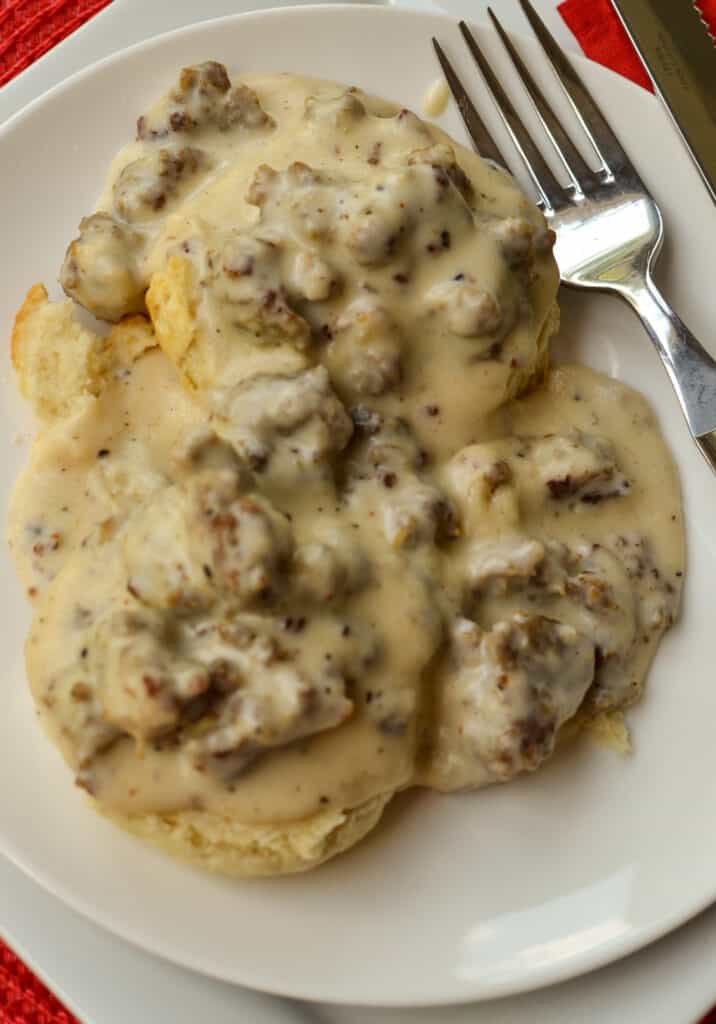 Easy Homemade Biscuits and Gravy Fresh homemade biscuits smothered with sausage gravy