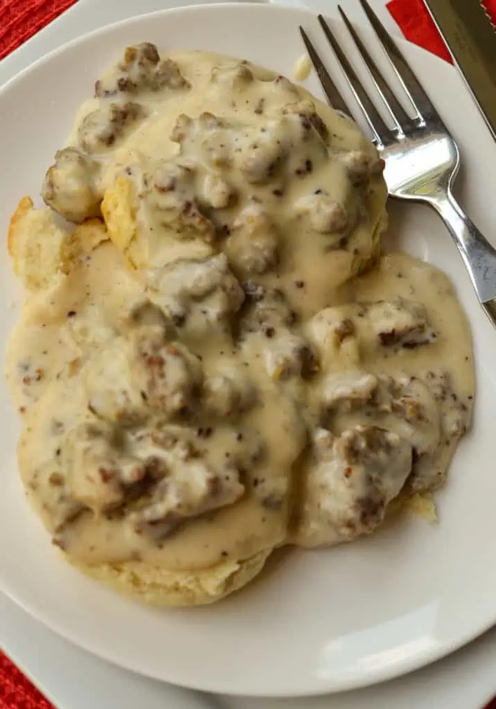 Fresh homemade biscuits smothered with sausage gravy