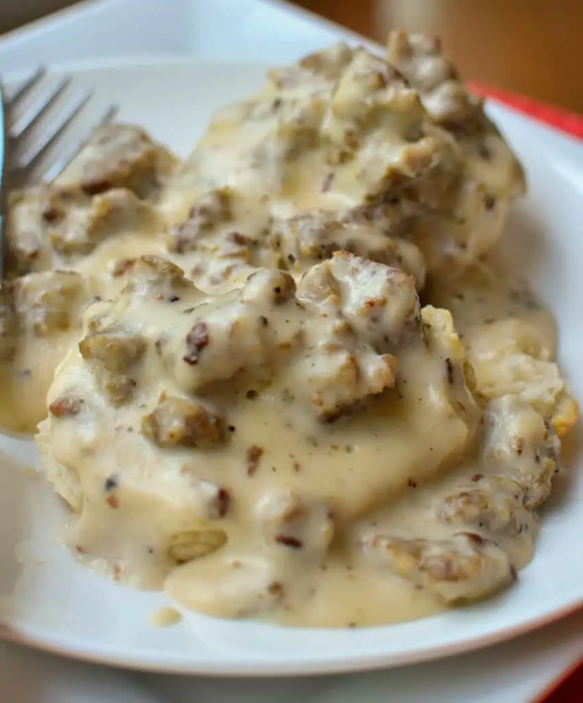 A plate full of homemade biscuits and gravy. 