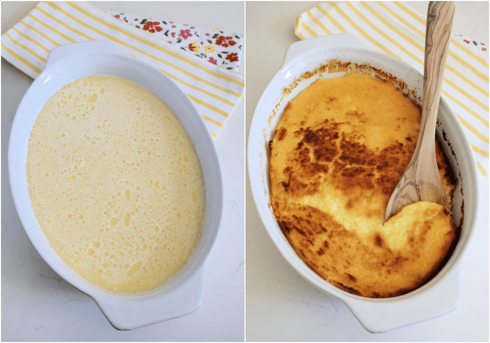 Some of the steps to making spoon bread. Carefully pour the batter into the hot casserole dish and bake it for 35 minutes or until lightly browned. For best results, serve warm.