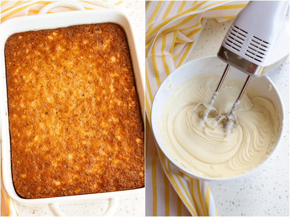 Some of the steps to making pineapple cake. Bake for 45-50 minutes or until a toothpick inserted in the center of the cake comes out clean. Toast the coconut in a preheated oven. Combine the cream cheese, butter, and reserved pineapple juice in a medium bowl. Using a mixer, beat until smooth and creamy. Add the powdered sugar 1 cup at a time, scraping down the sides as you mix it. 